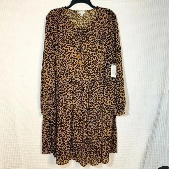 Time and Tru Dress Womens Plus Size XXL 20 Leopard Print Long Sleeve Peasant NEW - Picture 2 of 14